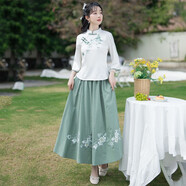 景華年秋新中式女漢服國風(fēng)學(xué)生班服古漢元素盤扣刺繡旗袍上衣半身裙套裝 白色上衣+綠色裙子 XL (建議115-125斤)