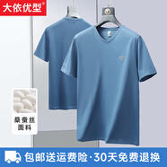 大依優(yōu)型大碼男裝夏季短袖t恤桑蠶絲寬松休閑V領(lǐng)速干體恤透氣 軍蘭 XL106cm
