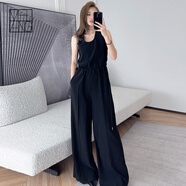 美洋（MEIYANG）【夏涼70系列】奧黛麗背帶褲百搭背心闊腿拖地連體褲夏季新款長(cháng)褲 黑色 S