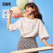 森馬森馬短袖T恤女顯瘦落肩吸濕速干夏季花朵白色短袖女 本白10102 155/80A/S