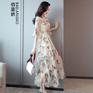 佰藍(lán)嬌 連衣裙2021夏裝新款夏季女裝時(shí)尚氣質(zhì)韓版遮肚子顯瘦女士V領(lǐng)碎花短袖長(zhǎng)款雪紡連衣裙夏天長(zhǎng)裙子 米白色 L