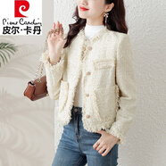 皮爾卡丹（pierre cardin）小香風短外套女裝新品秋冬氣質(zhì)上衣粗呢子大衣短款輕奢毛呢小外套 乳白色 M