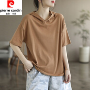 皮爾卡丹（pierre cardin）連帽短袖t恤女2025夏季新款洋氣帶帽純色時尚百搭上衣顯瘦 褐色 2XL 建議145-160斤