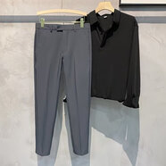 烏皮狗小西褲男九分褲子小腳休閑長(cháng)褲西服春秋直筒西裝褲伴郎西裝套裝男 褲子深灰色+襯衫黑色 5XL【此款需要長(cháng)褲留言】