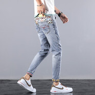 迪歐圖 新款高端牛仔褲男士修身小腳褲韓版輕奢潮牌拼花褲子男時(shí)尚九分褲個(gè)性百搭時(shí)髦淺色破洞褲 JSN-869淺藍色（九分褲） 33碼=腰圍2尺6