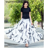 vuzrmm香港潮牌品牌女裝春夏中長(cháng)款大擺半身裙雪紡紗a字裙百褶長(cháng)裙半截垂感裙子 白底水墨 XXXXL腰圍2.7-2.85尺