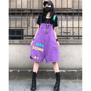 高端輕奢女式背帶褲背背褲歐貨字母休閑高腰水洗牛仔短褲夏季印花舒適百搭連體褲潮吊襠褲套裝女孕婦（定制） 紫色(寬松版) L