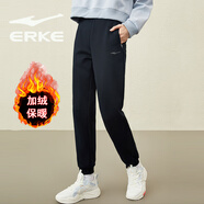 鴻星爾克（ERKE）加絨運動(dòng)褲女褲秋冬季加厚保暖針織長(cháng)褲紅星女士束腳收口休閑衛褲 正黑 L(體重95-105斤)