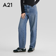 A21女裝牛仔褲2023秋冬新款復古休閑寬松顯瘦高腰直筒闊腿長(cháng)褲女 深藍 27