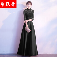 女聲獨(dú)唱演出服女成人 主持服裝女中長款伴娘服春季長袖閨蜜伴娘團(tuán)姐妹裙合唱人晚禮服女藝考音樂生 黑色 S(胸圍80，腰圍63)