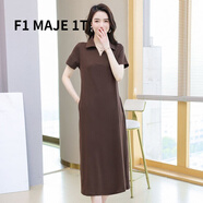 F1MAJE1T高端設計師品牌棉連衣裙女夏2025新款長(cháng)款休閑短袖T恤裙寬松長(cháng)裙 咖色 M 【建議體重98-107斤】