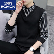 羅蒙（ROMON）2025秋冬季V領(lǐng)毛衣男士假兩件時尚帶領(lǐng)條紋針織衫搭配馬甲線衣 雙條紋黑8168假兩件襯衫 M