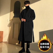 BOYXCO長(zhǎng)款風(fēng)衣男冬季加厚呢大衣韓版寬松毛呢外套青年潮流時(shí)尚過(guò)膝大衣 系帶款黑色（加棉） XL