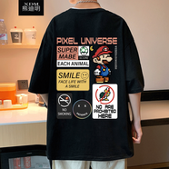 熊迪明短袖t恤男士夏季潮牌純棉上衣服美式五分寬松休閑情侶半袖體恤衫 馬里奧黑色 L