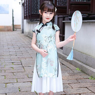 丹鳥王 民國(guó)風(fēng)女童旗袍兒童夏季漢服改良式大擺薄款連衣裙洋氣小女孩中國(guó)風(fēng)公主裙中大童古裝刺繡禮服 116淺綠色 140碼
