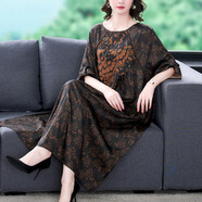 未萱胖太太加肥加大夏季連衣裙大碼仿真絲香云紗文藝拼接民族風(fēng)裙子 圖片色 L 均碼