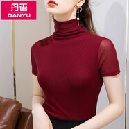 丹語(yǔ)簡(jiǎn)約基礎款短袖t恤高領(lǐng)網(wǎng)紗打底衫女夏純色彈力上衣 酒紅色 XL