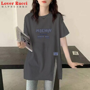 LOVER RUCCI2025年夏季新款純棉簡(jiǎn)約短袖上衣女韓版中長(cháng)款寬松百搭側開(kāi)叉t恤 MDEWIN-灰色 XL 【125-140斤】