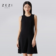 ZEZI連衣裙夏天新款 圓領(lǐng)無袖套頭荷葉邊裙 修身氣質(zhì)時尚小黑裙 黑色 M