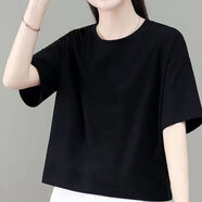 30到40歲女人夏天穿的短袖T恤純棉夏裝新款印花短袖t恤女裝韓版寬松顯瘦百搭小個(gè)子短款t恤上衣 黑色【無(wú)圖案】 L 建議100-110斤