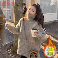 喜圣多加絨加厚毛衣女高領(lǐng)毛衣女學(xué)生洋氣秋冬短款寬松慵懶 卡其色加厚 加絨 M建議95-105斤
