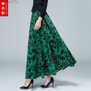 OVMATTU香港潮牌 新品秋季新款2021百搭休閑女民族風(fēng)棉麻長(cháng)裙復古半身裙高腰大碼A字裙 B31綠底樹(shù)葉 XL