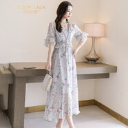 淳咪娜 女裝連衣裙女夏中長款新品短袖女修身沙灘裙釘珠氣質(zhì)女裙顯瘦 蘭花圖 L - 建議96-112斤
