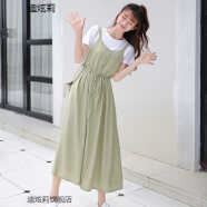 新款背带裙衣服套装夏天小清新中学生少女初中生女生裙子夏季学生韩版中长款女孩高中生宽松收腰连衣裙套装 绿色吊带裙+T恤上衣一套 均码