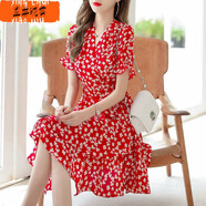 夏天小個(gè)子仿冰絲連衣裙中款裙子女夏裝2022新款中長(cháng)款高檔顯瘦遮肉矮個(gè)子純色V領(lǐng)雪紡連衣裙 紅色【優(yōu)質(zhì)面料】 2XL