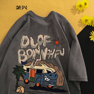 芝興 短袖t恤男美式復(fù)古潮牌卡通字母印花夏季寬松嘻哈高街半袖體恤 深灰色 L