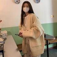 薇戀夢嵐糯嘰嘰毛衣慵懶風(fēng)軟糯加厚毛衣外套女學(xué)生秋冬新款韓版寬松 米杏開衫 L