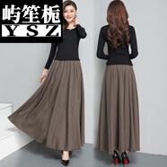 秋天穿的綿麻下身裙春季純色半身裙半身大擺長(cháng)裙文藝復古A字松緊腰中長(cháng)女裙 卡其色 S碼1.9尺-2尺