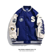 柯菲沃 克萊因藍美式復古棒球服外套男春季新款韓版寬松百搭港風(fēng)街頭嘻哈痞帥拼接PU皮袖寬松外套 二羅-X846 藍色 L