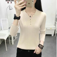 尚濤V領(lǐng)毛衣女秋冬女裝新款韓版休閑簡(jiǎn)約百搭針織衫女修身打底衫上衣 杏色打底衫 L 建議100-110斤