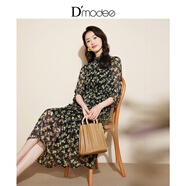 黛瑪詩(shī)顯瘦花裙子春秋季新款優(yōu)雅氣質(zhì)立領(lǐng)碎花裙雪紡連衣裙女 黑色 3XL