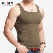 續點(diǎn)方領(lǐng)背心男夏無(wú)袖t恤男坎肩健身緊身韓版修身運動(dòng)彈力棉男士背心 軍綠色 XL 碼128-138斤左右修身版型