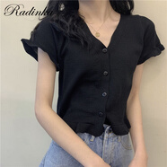 Radinka2025夏新款bm風(fēng)韓版洋氣V領(lǐng)花邊短袖針織衫女短款小清新上衣GSQ 9542 黑色 均碼(70-125斤可穿)