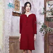 布符2024秋季新款蝴蝶流蘇扣連衣裙女寬松長(cháng)袖簡(jiǎn)潔小v領(lǐng)美觀(guān)時(shí)尚 朱櫻 L