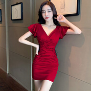 南啵丸*夜店女裝v領(lǐng)性感連衣裙收腰顯瘦氣質(zhì)包臀短裙時(shí)尚夜場(chǎng)工作服的 酒紅色 XL