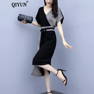 QIYUN 雪紡開叉連衣裙子新款夏季收腰修身顯瘦氣質(zhì)黑色過膝潮 短繡 L 【建議110-109斤】