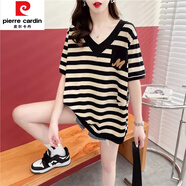 皮爾卡丹（pierre cardin）大尺碼女裝2025夏季新款韓版V領(lǐng)條紋短袖T恤寬松顯瘦遮肚半袖上衣 黑杏色 L 建議 115-140斤穿