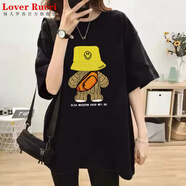 LOVER RUCCI韓國2025新款高級灰中長(cháng)款大版t恤短袖女寬松小熊圓領(lǐng)遮屁股上衣 黑色 S (80-100斤)