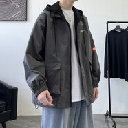 RXEX外套男春秋冬季潮流韓版寬松休閑衣服男裝潮牌假兩件工裝連帽夾克 JK303-深灰色-常規(guī) 3XL