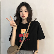 薩姆依港味復古超火花朵印花短袖T恤女夏季小個(gè)子高腰短款露臍甜辣上衣  黑色 M