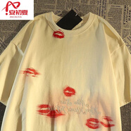 安初夏短袖t恤男女美式高街純棉復古唇印刺繡寬松歐美大碼潮牌情侶上衣 白色 4XL