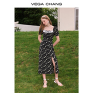 VEGA CHANG碎花連衣裙女2025年夏季方領法式小眾泡泡袖下擺開叉茶歇印花裙子 花色（長款） L