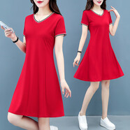 啄木鳥(niǎo)（TUCANO）短袖連衣裙女中長(cháng)款夏季2023年新款中年時(shí)尚洋氣休閑好棉裙子 紅色 3XL
