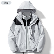 BRELRMON時尚三合一沖鋒衣男女短外套風衣夾克秋冬加絨保暖戶外滑雪登山服 DZ23658灰白-男女同款 3XL