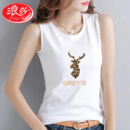 浪莎（LangSha）白色小吊帶背心女2025新款無(wú)袖t恤女可外穿春秋運動(dòng)打底內搭上衣 白色【豹紋鹿頭】 XL 建議110-125斤