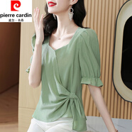 皮爾卡丹（pierre cardin）真絲短袖襯衫女夏季新款別致漂亮收腰顯瘦洋氣小衫高端桑蠶絲上衣 綠色 L (105-120斤)